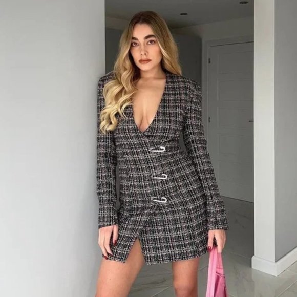 Zara Tweed Textured Blazer Dress Jewel Pins Sz Small Blogger Favorite NWOT - Picture 2 of 10